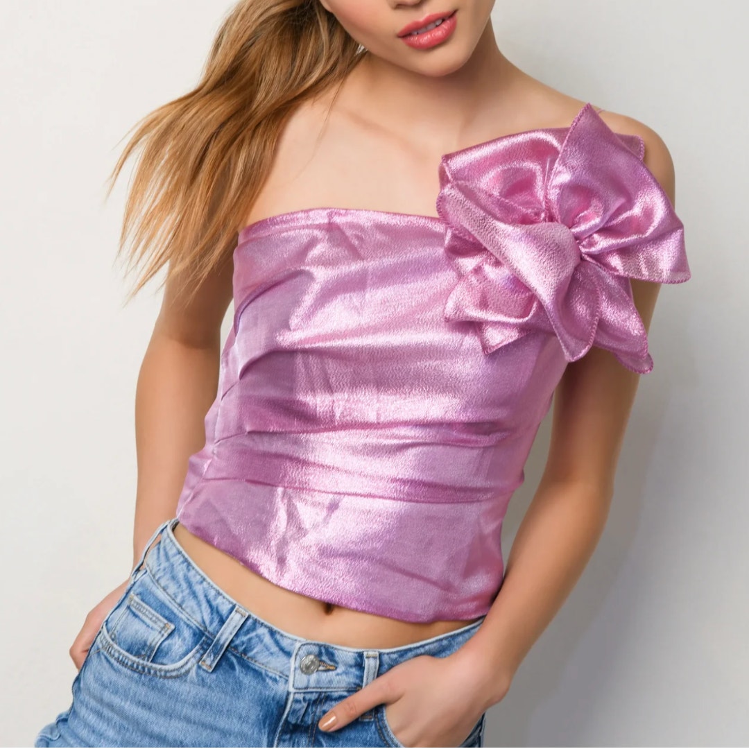 Hutch Nwt Tessa Metallic Pink Flower Accent One Shoulder Smocked Back Top
